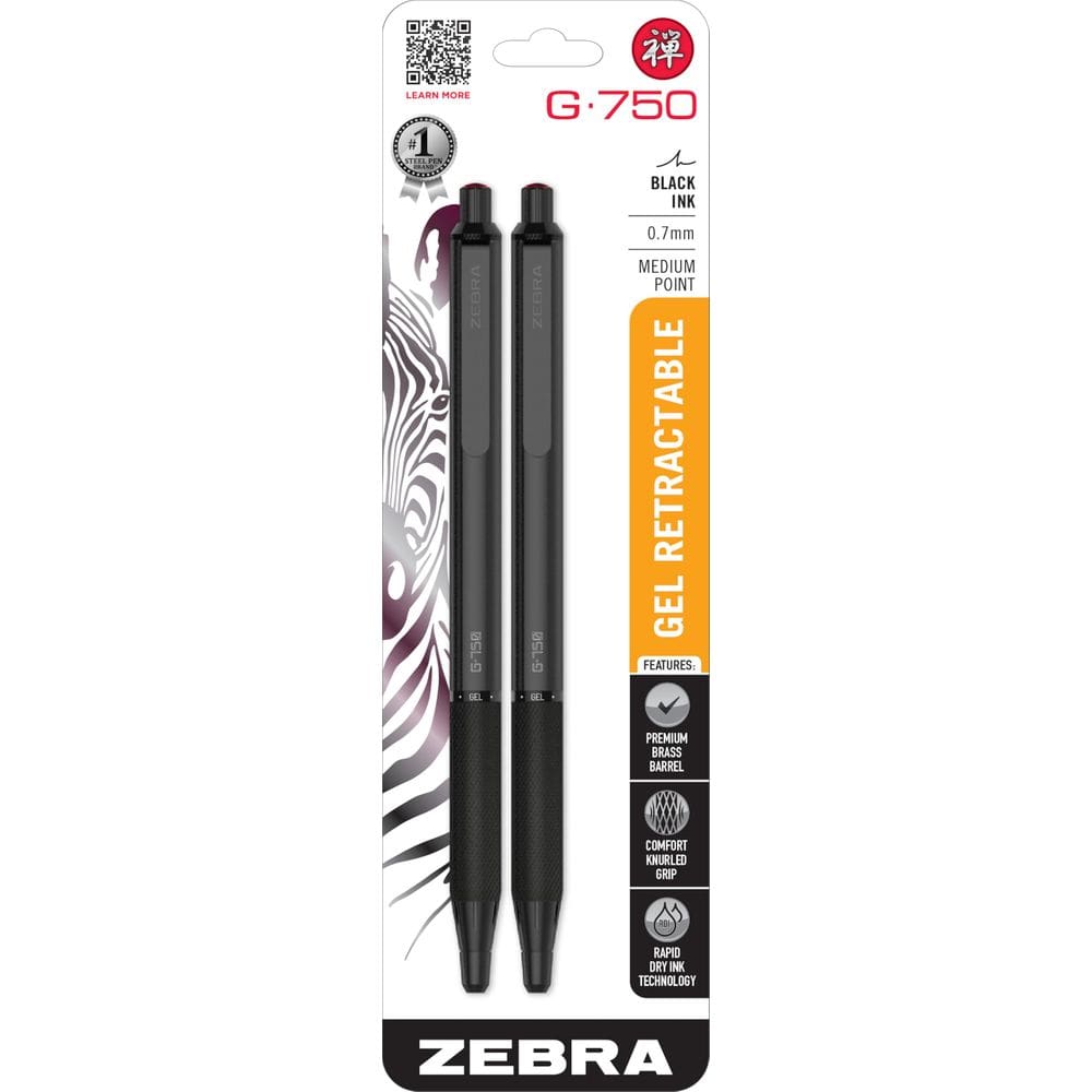 Caneta de gel Zebra Pen G-750, tinta preta retrátil de 0,7 mm, pacote com 2