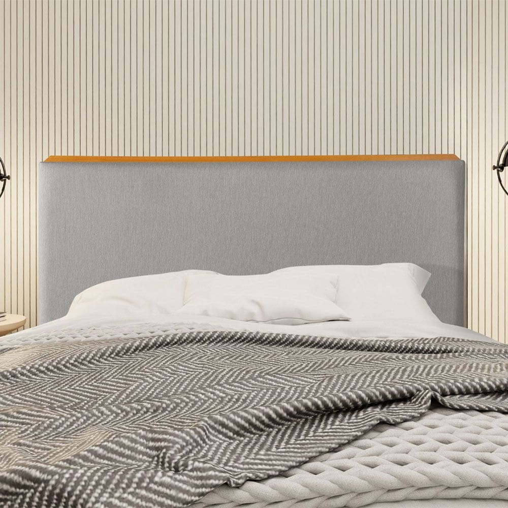 Cabeceira Cama Box Queen 1,60m Estofada Detalhe em Madeira Java Linho Cinza