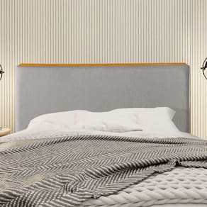 Cabeceira Cama Box King 1,93m Estofada Detalhe em Madeira Java Linho Cinza