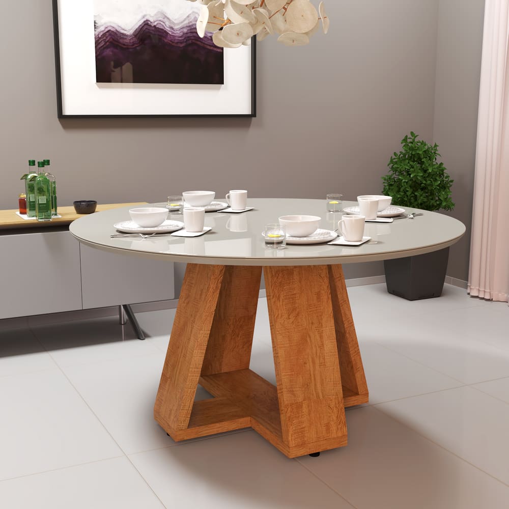 Mesa de Jantar Redonda de Vidro 90x90 Off White Com Pés Pérola Nature em Mdf