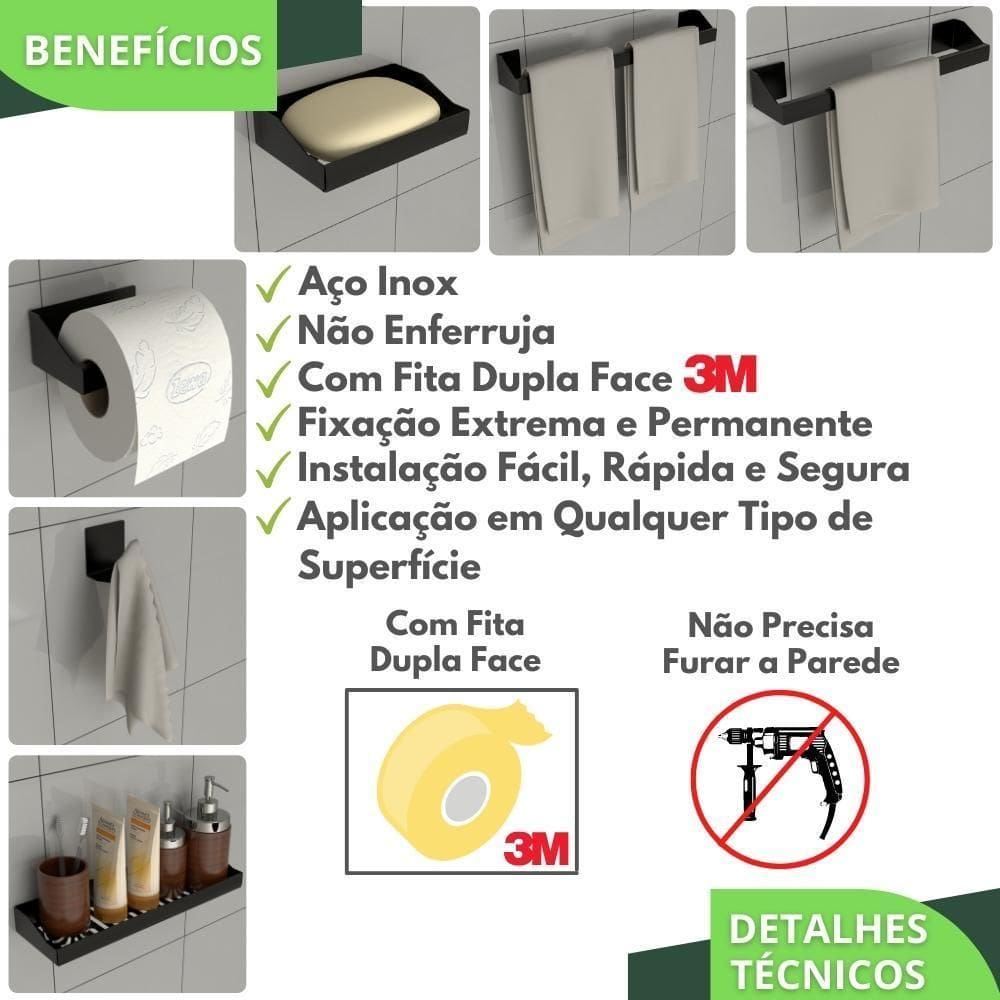 Kit Acessórios Para Banheiro Preto 6 Peças Master Slim Df