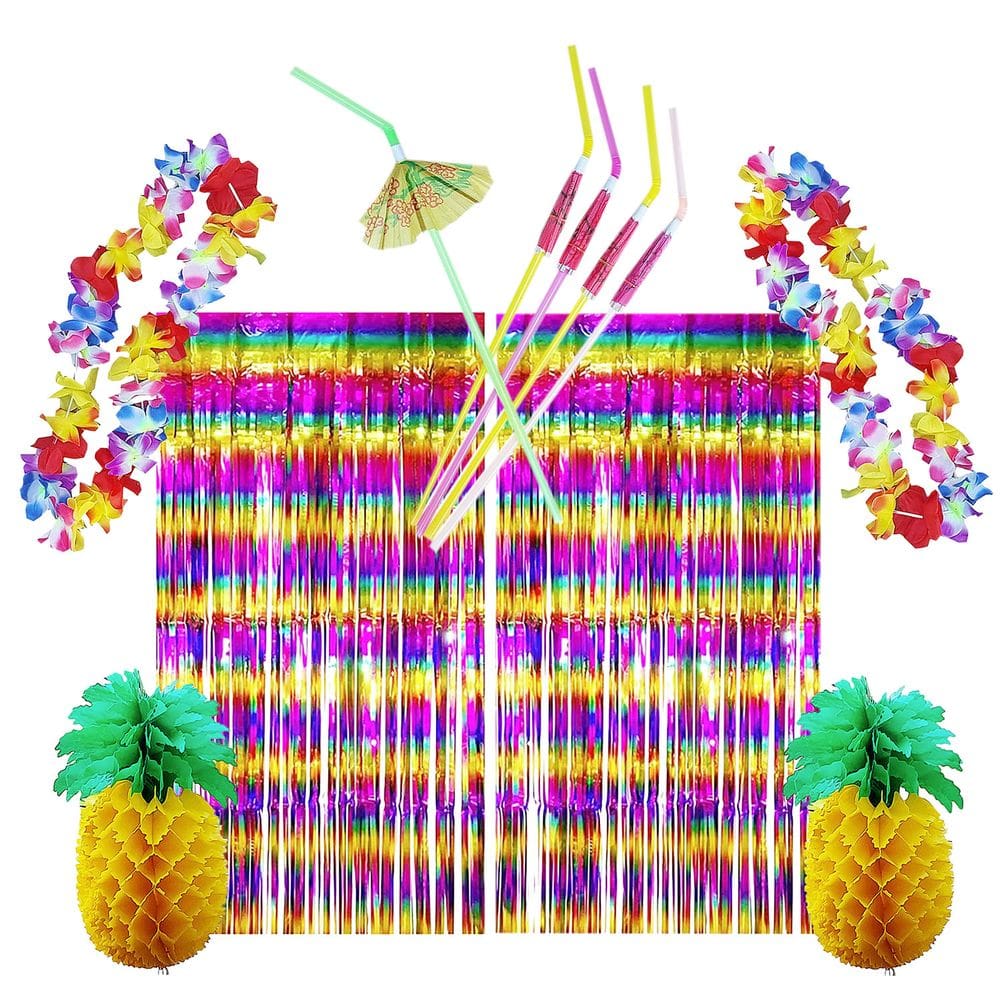 Kit Decoração Festa Havaiana Luau: Cortina Metalizada + Colar + Canudos + Abacaxi Colmeia = 11 Produtos Temáticos