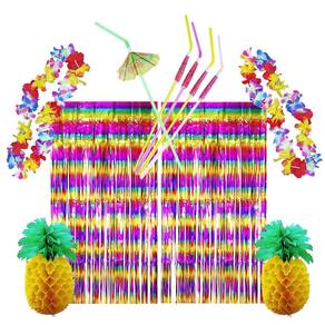 Kit Decoração Festa Havaiana Luau: Cortina Metalizada + Colar + Canudos + Abacaxi Colmeia = 11 Produtos Temáticos