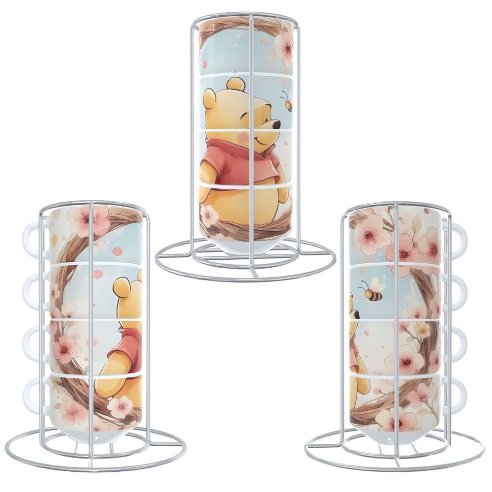 Torre 4 Xícaras Café 150ml Ursinho Pooh com Suporte de Metal