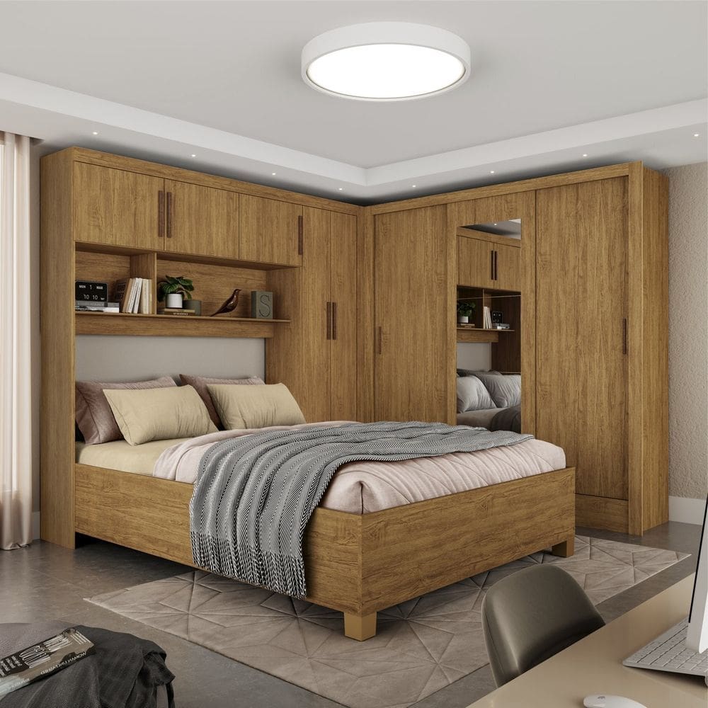 Guarda-roupa Casal Modulado 5 Portas com Cama Santiago 3 Portas com Espelho 5 Gavetas Cinamomo