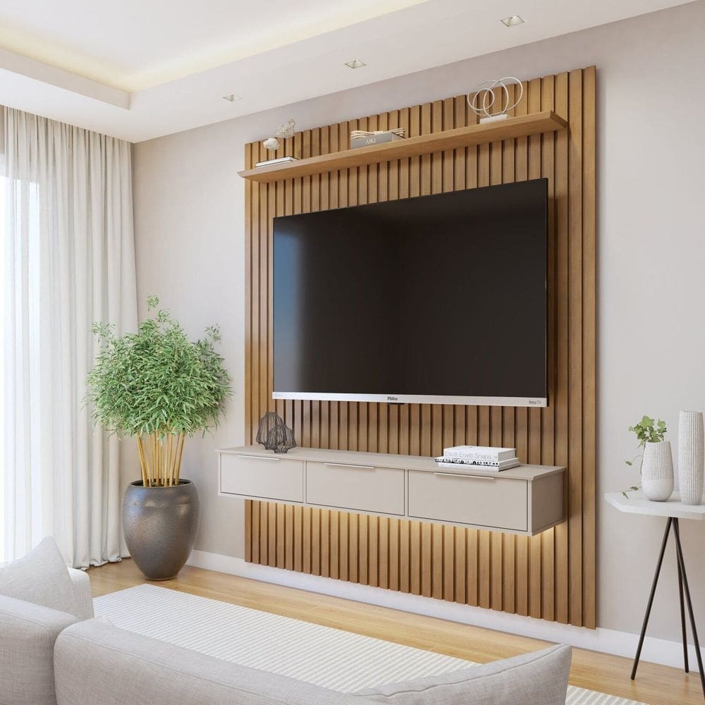 Painel Suspenso Ripado 182,8 Cm com Nicho Vitória 1 Fita de Led 100% Mdf Marrom/Cinza