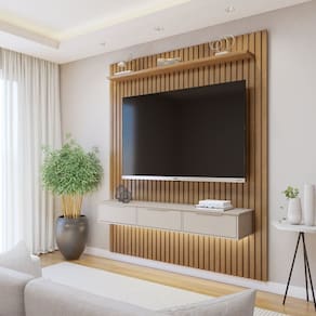 Painel Suspenso Ripado 182,8 Cm com Nicho Vitória 1 Fita de Led 100% Mdf Marrom/Cinza