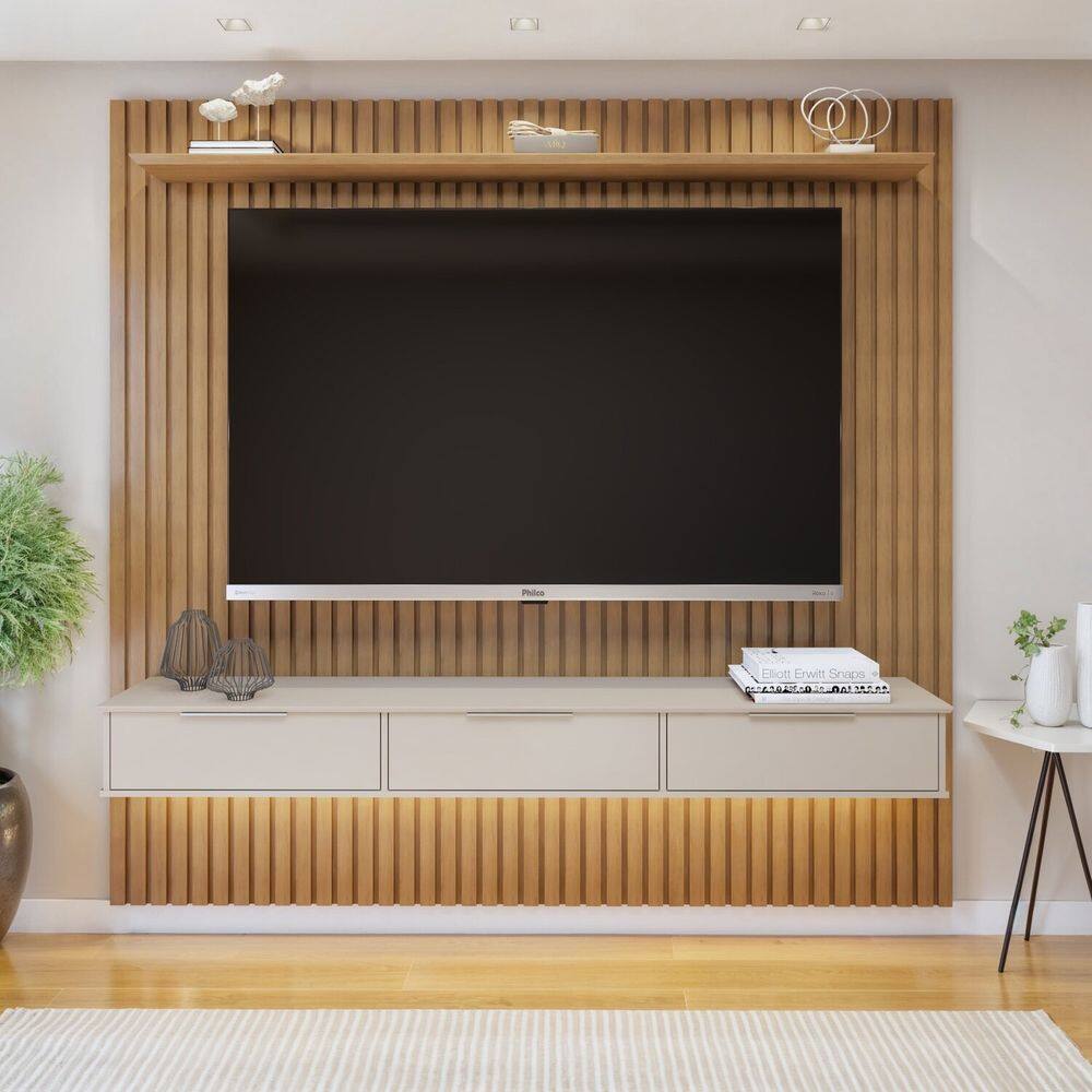 Painel Suspenso Ripado 227,6 Cm com Nicho Vitória 1 Fita de Led 100% Mdf Marrom/Cinza