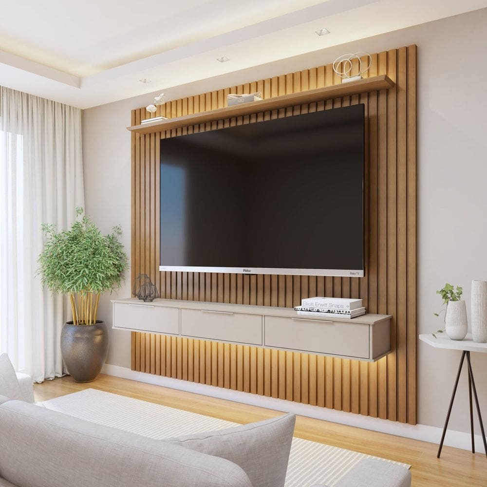 Painel Suspenso Ripado 227,6 Cm com Nicho Vitória Dupla Fita de Led 100% Mdf Marrom/Cinza