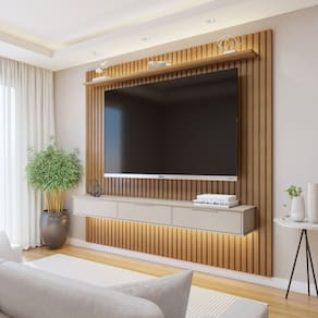 Painel Suspenso Ripado 227,6 Cm com Nicho Vitória Dupla Fita de Led 100% Mdf Marrom/Cinza