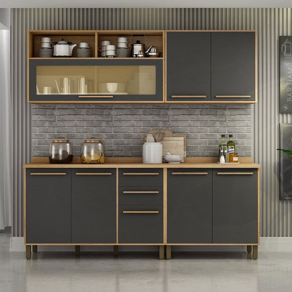Cozinha Completa 4 Peças 8 Portas 2 Gavetas Salvador Marrom/Cinza