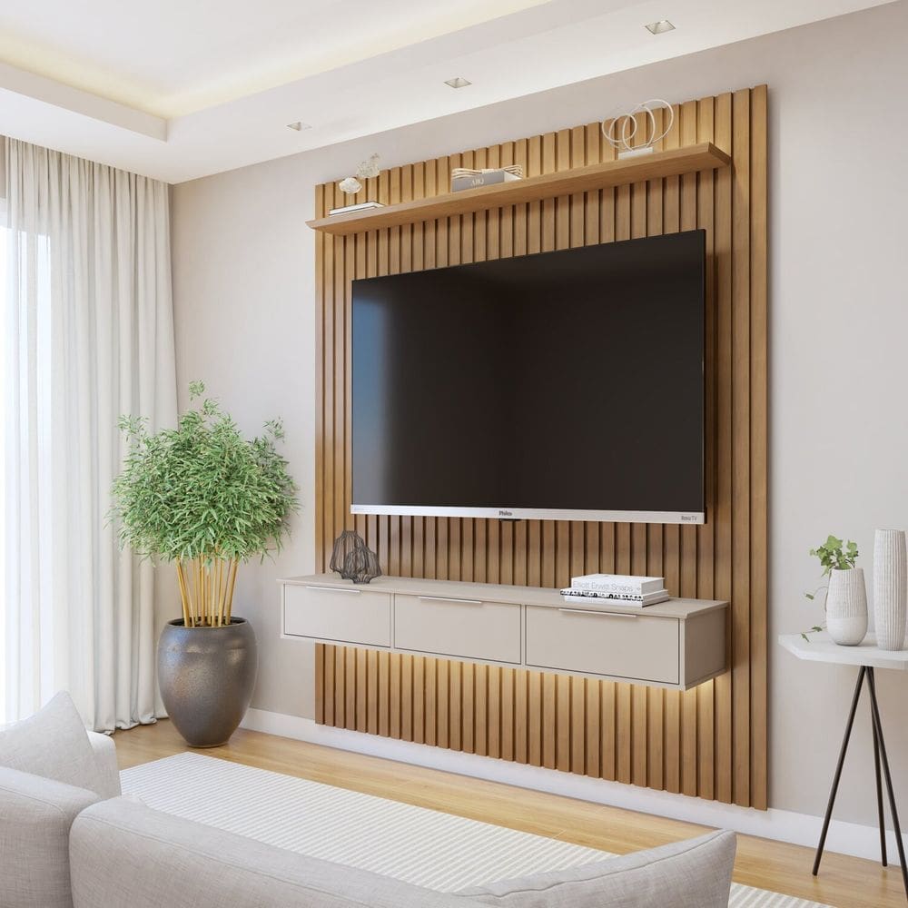 Painel Suspenso Ripado 182,8 Cm com Nicho Vitória Dupla Fita de Led 100% Mdf Marrom/Cinza