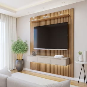 Painel Suspenso Ripado 182,8 Cm com Nicho Vitória Dupla Fita de Led 100% Mdf Marrom/Cinza
