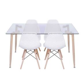Conjunto de Sala de Jantar Mesa com Tampo de Vidro com 4 Cadeiras Base de Madeira Colmeia Branca