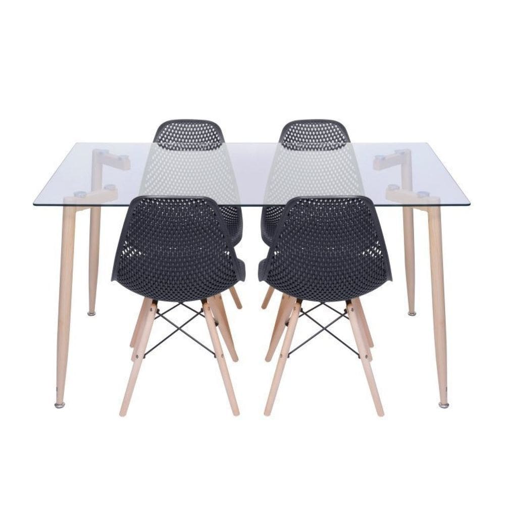 Conjunto de Sala de Jantar Mesa com Tampo de Vidro com 4 Cadeiras Base de Madeira Colmeia Preta