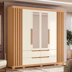 Guarda-roupa 6 Portas e 4 Gavetas com Espelhos Doble Casal Freijó/Off White