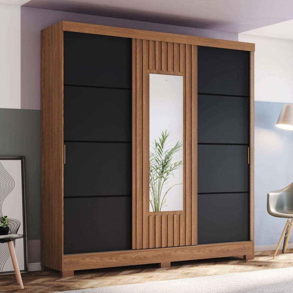 Guarda-roupa 3 Portas Deslizantes com Aplique Ripado 2 Gavetas e Pés em Abs Preto/Marrom