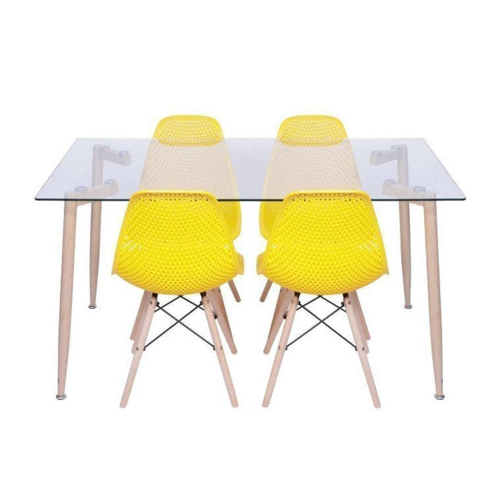 Conjunto de Sala de Jantar Mesa com Tampo de Vidro com 4 Cadeiras Base de Madeira Colmeia Amarela