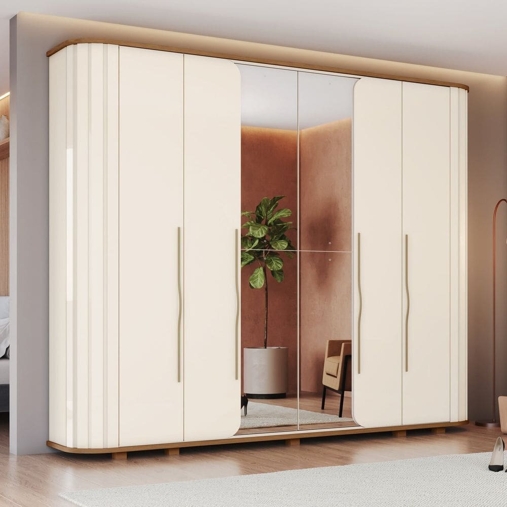 Guarda-roupa Casal Premium Cantos Arredondados com Ripado 6 Portas com Amortecimento 6 Gavetas com U Off White/Marrom