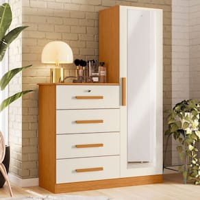 Cômoda Sapateira com Espelho 4 Gavetas 1 Porta Cancun Espresso Móveis Marrom/Bege