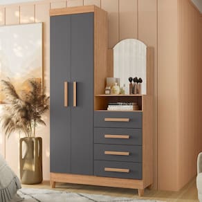 Guarda-roupa Cômoda 2 Portas e 4 Gavetas com Espelho New Capri Freijó / Titanium