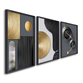 Quadro Decorativo Geométrico Formas e Linhas 3 Telas de Parede para Sala Quarto Escritório 60cm X 90 Preto
