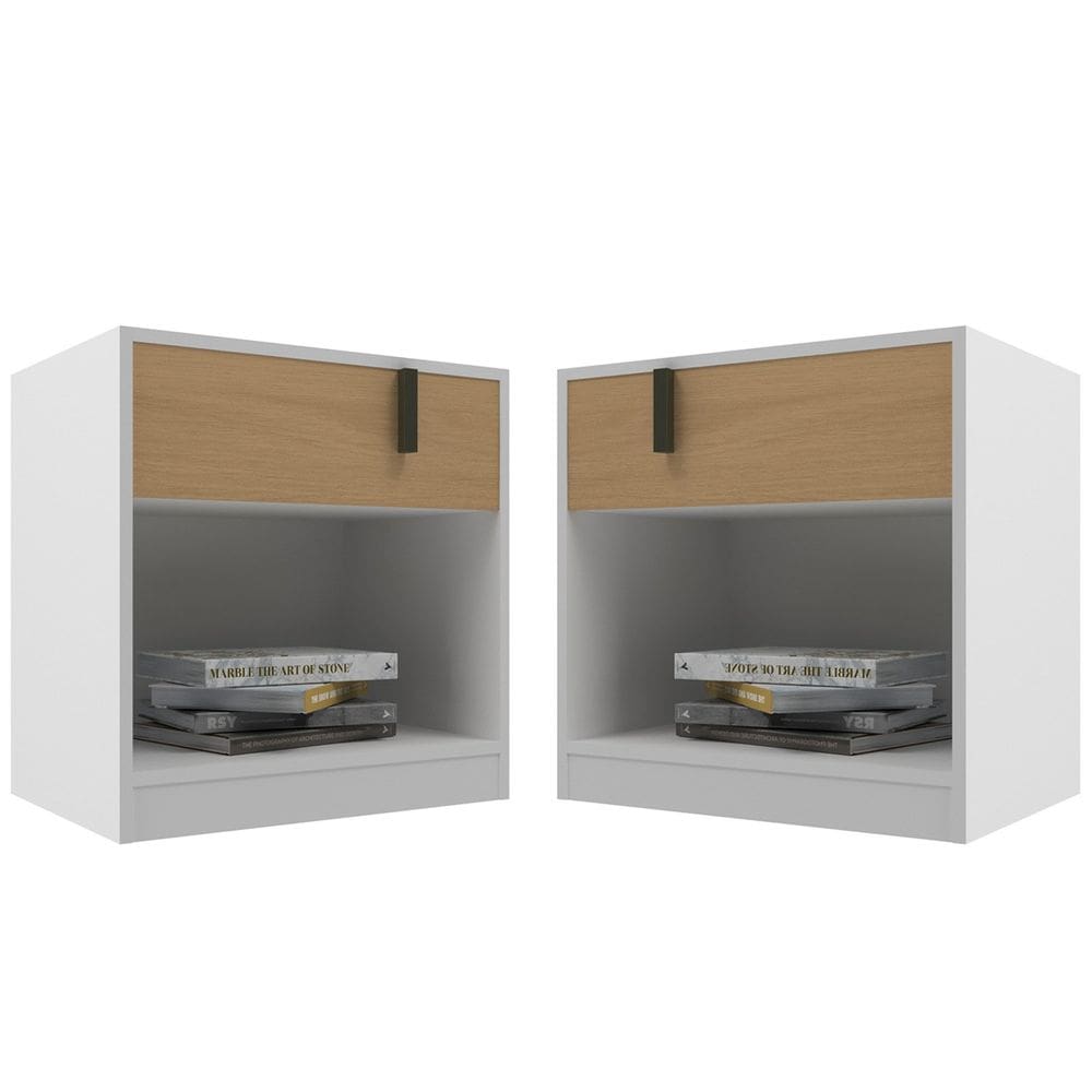 Conjunto Mesa de Cabeceira Melissa Mesinha Mudo Branco/Nogal