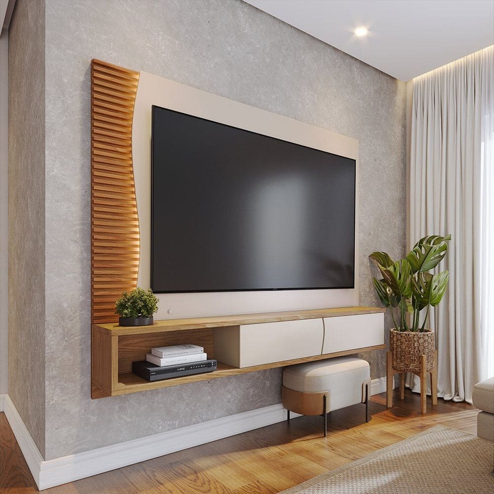 Painel para Tv até 65" com Led Detalhe Ripado 2 Portas Egeu Off White Matte / Freijó