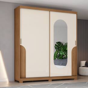 Guarda-roupa Talles 2 Portas Deslizantes 3 Gavetas Detalhes e Espelho com Cantos Arredondados Marrom/Off White