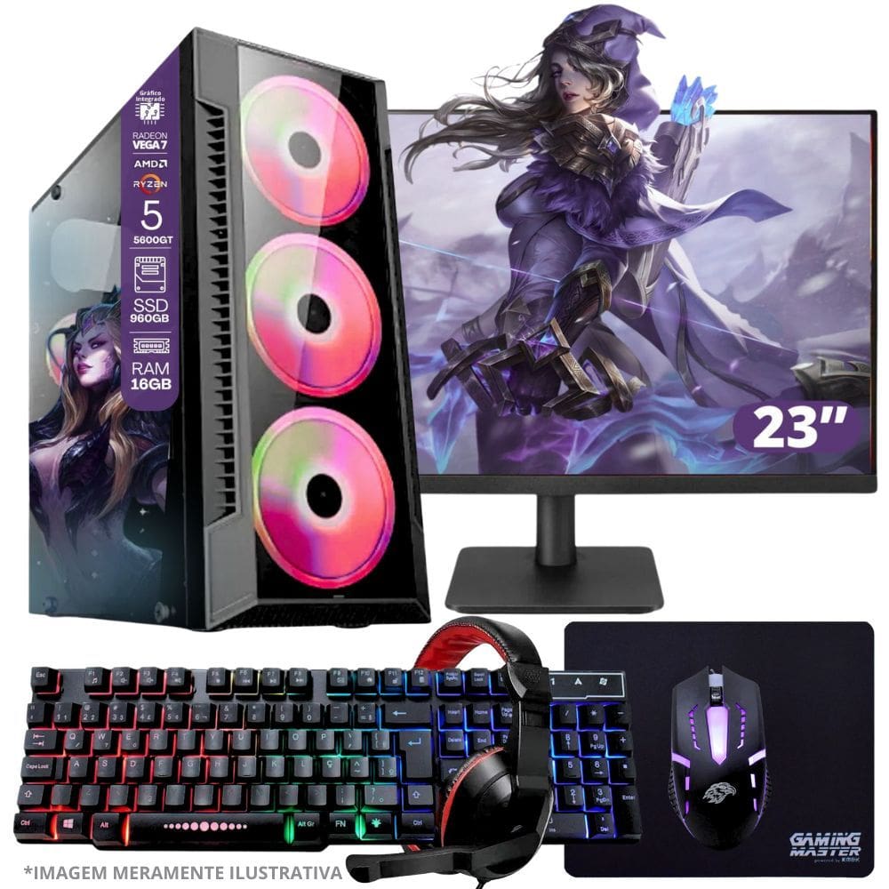 PC Gamer AMD Ryzen 5 5600GT, 16GB RAM, Placa de video Radeon Vega 7, SSD 960GB, Fonte 550W + Monitor 23" LED 75hz + Kit Gamer Completo