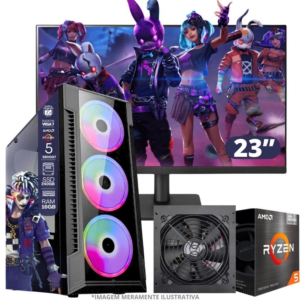 PC Gamer AMD Ryzen 5 5600GT, 16GB RAM, Placa de video Radeon Vega 7, SSD 240GB, Fonte 550W + Monitor 23" LED 75hz