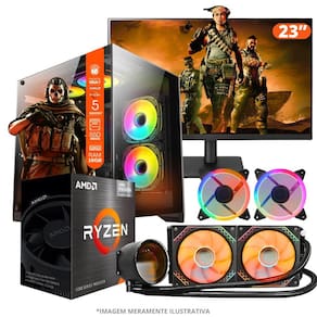 PC Gamer AMD Ryzen 5 5600GT, 16GB RAM, Placa de video Radeon Vega 7, SSD 480GB, Fonte 550W, Gabinete Aquário, Water Cooler + Monitor 23" LED 75hz
