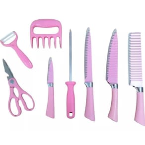 Kit De 8 Peças Churrasco Profissional Antiaderente Cor Rosa