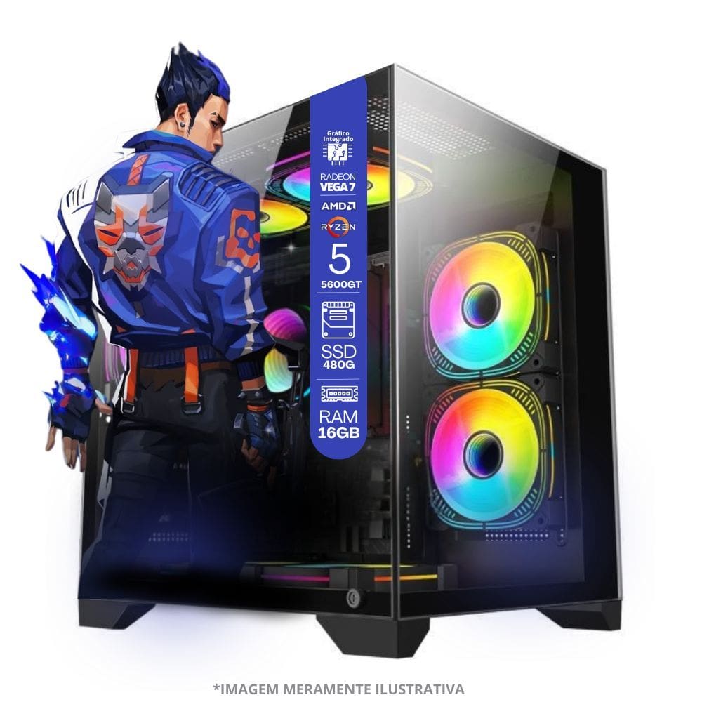 PC Gamer AMD Ryzen 5 5600GT, 16GB RAM, Placa de video Radeon Vega 7, SSD 480GB, Fonte 550W, Gabinete Aquário, Water Cooler