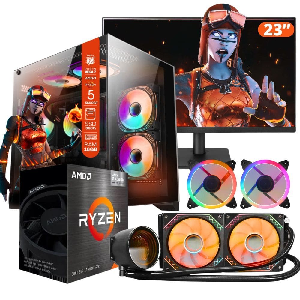 PC Gamer AMD Ryzen 5 5600GT, 16GB RAM, Placa de video Radeon Vega 7, SSD 960GB, Fonte 550W, Gabinete Aquário, Water Cooler + Monitor 23" LED 75hz