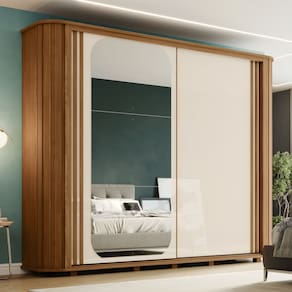 Guarda-roupa Casal Mozzate Cantos Arredondados com Ripado 2 Portas Deslizantes 6 Gavetas com Usinage Marrom/Off White/Preto