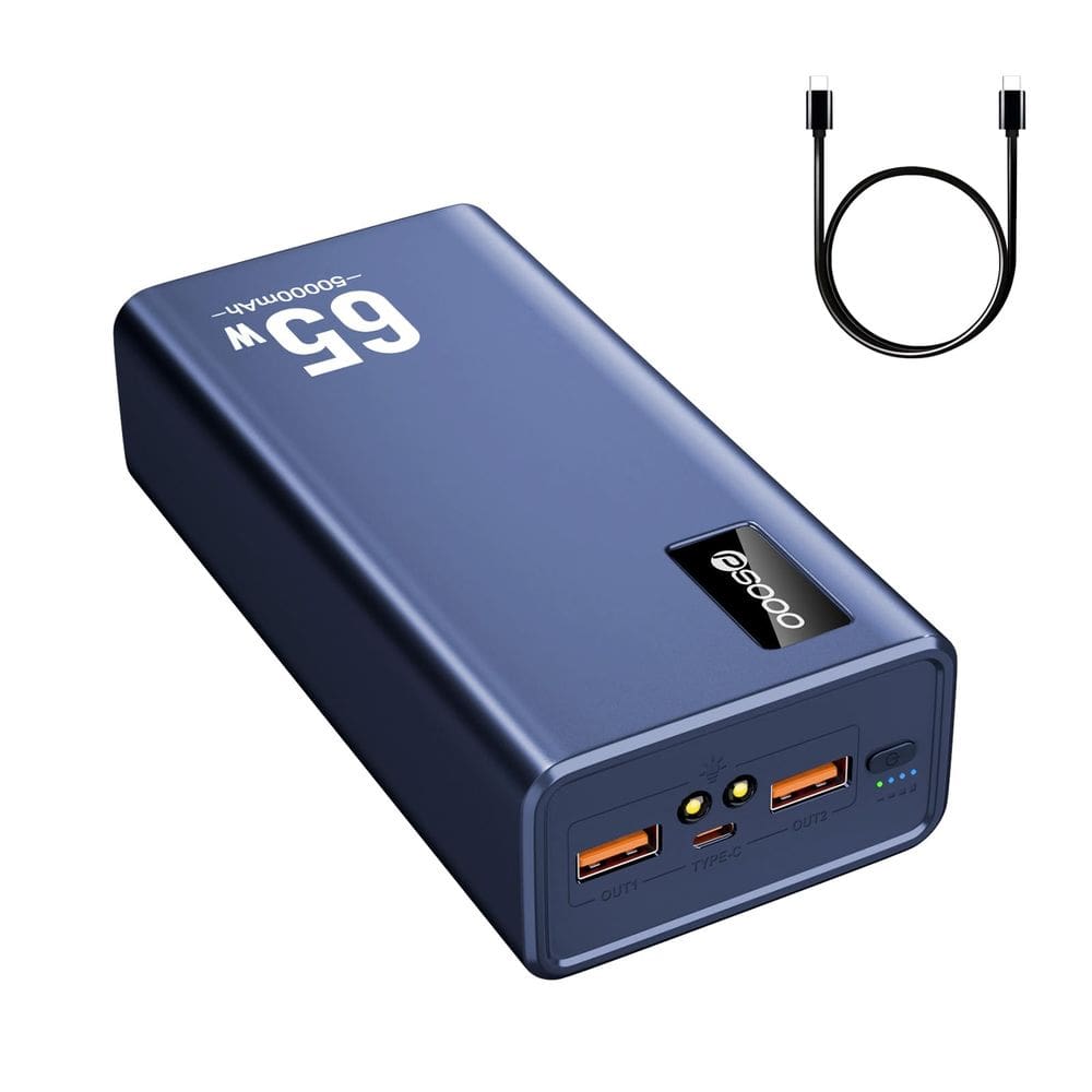 Banco de potência PSOOO 50000mAh 65W de carregamento rápido USB-C azul