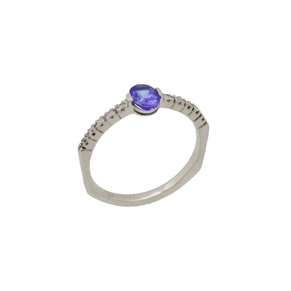 Anel Ouro Branco 18k Cravejado Com Diamantes E Lolita Azul