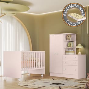 Quarto de Bebê com Berço Reto e Roupeiro Doce Sonho Rosa Qmovi + Colchão Gazin