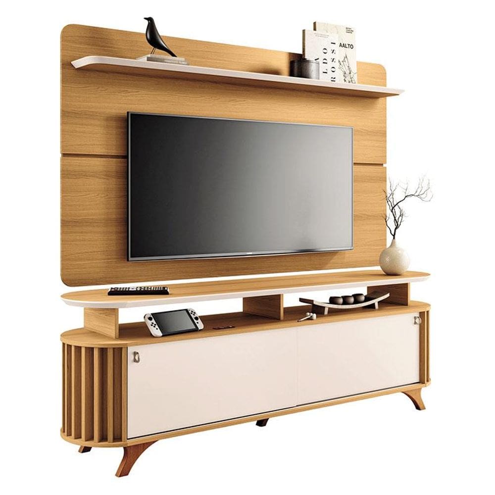 Rack Bancada Alba com Painel Curv Cinamomo Off White - HB Móveis