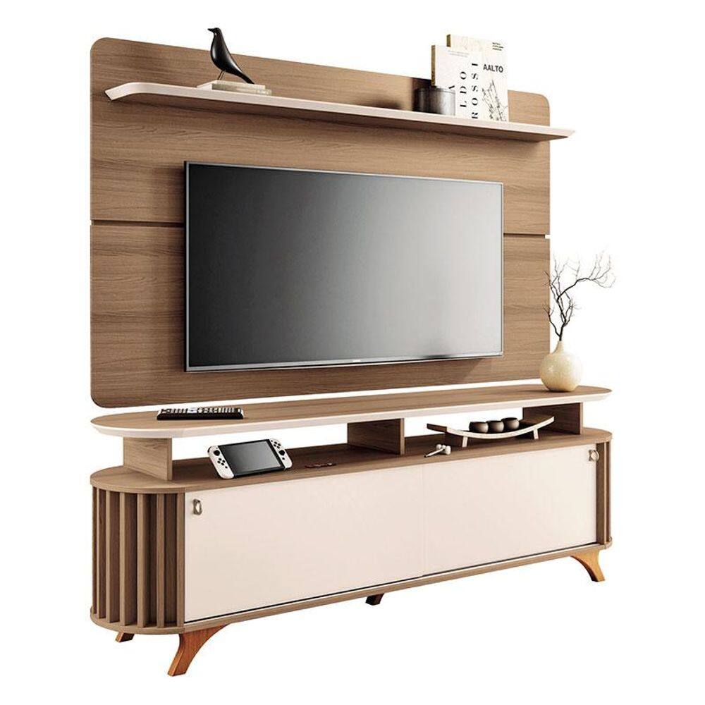 Rack Bancada Alba com Painel Curv Castanho Off White - HB Móveis