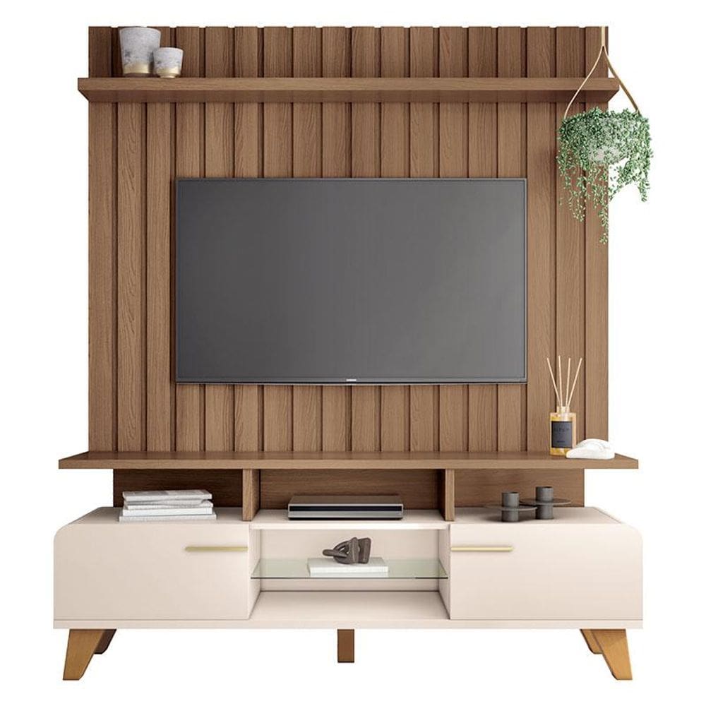 Rack Bancada Essenza e Painel Link 1.6 Off White Castanho - HB Móveis