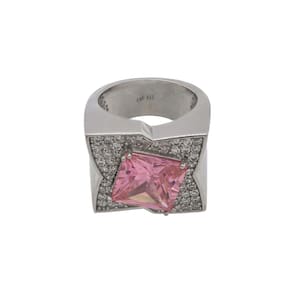 Anel Chevalier Moderno Sinete Prata 925 Pedra Rosa Elegante