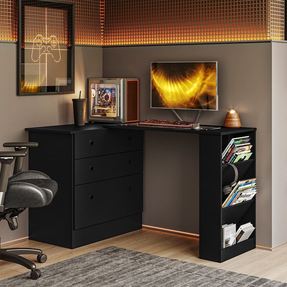 Cômoda com Mesa Giratória Gamer Preto Qmovi
