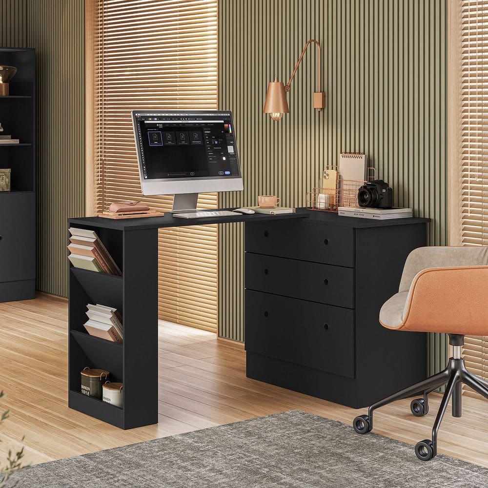 Conjunto Cômoda com Mesa Giratória e Armário Gamer Preto Qmovi