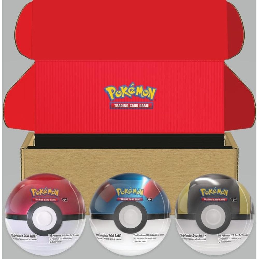 Pacote com 3 Pokémon TCG Poké Ball Tin, 2024, com pacotes de reforço