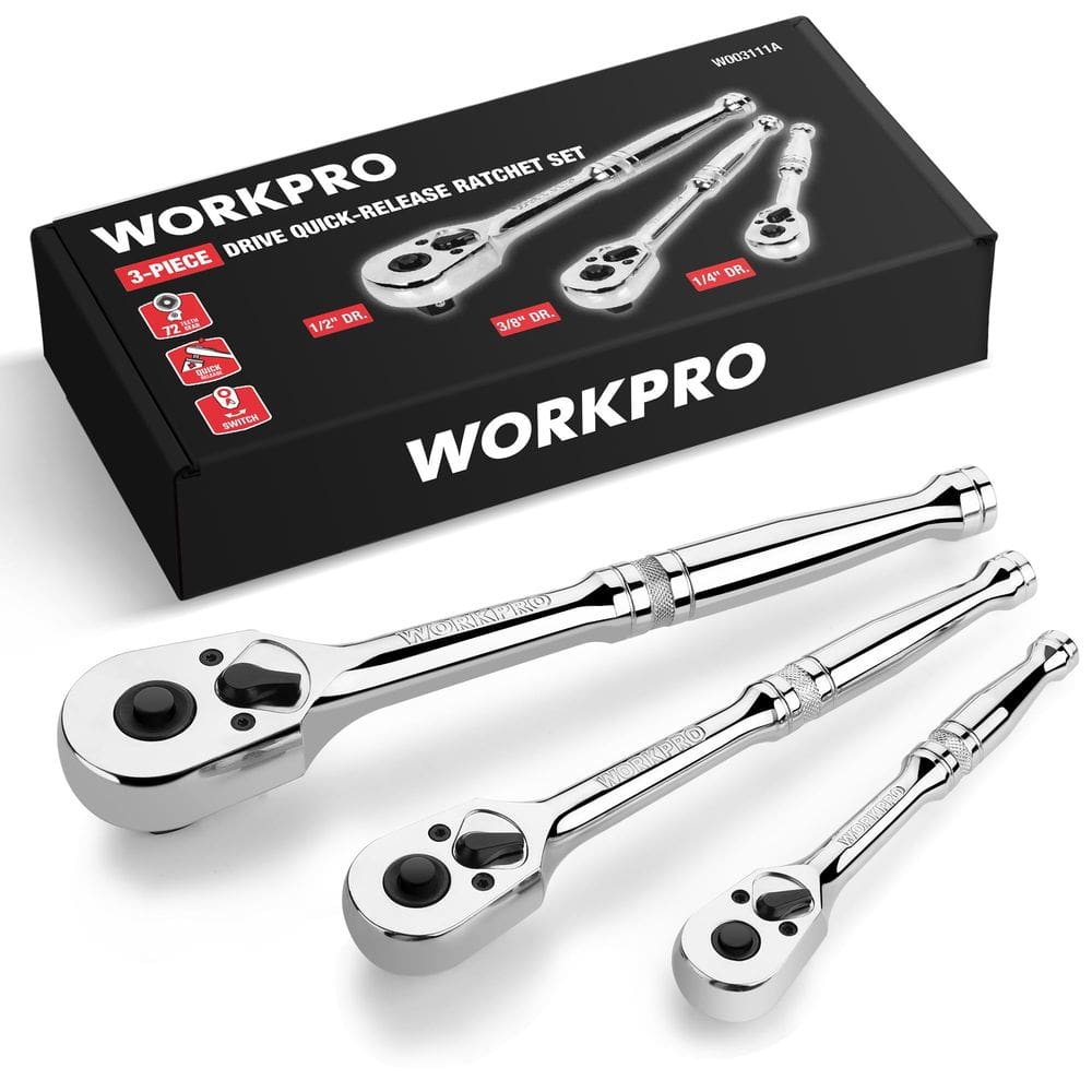 Conjunto de catracas WORKPRO Chave de catraca de 72 dentes, 1/4, 3/8, 1/2
