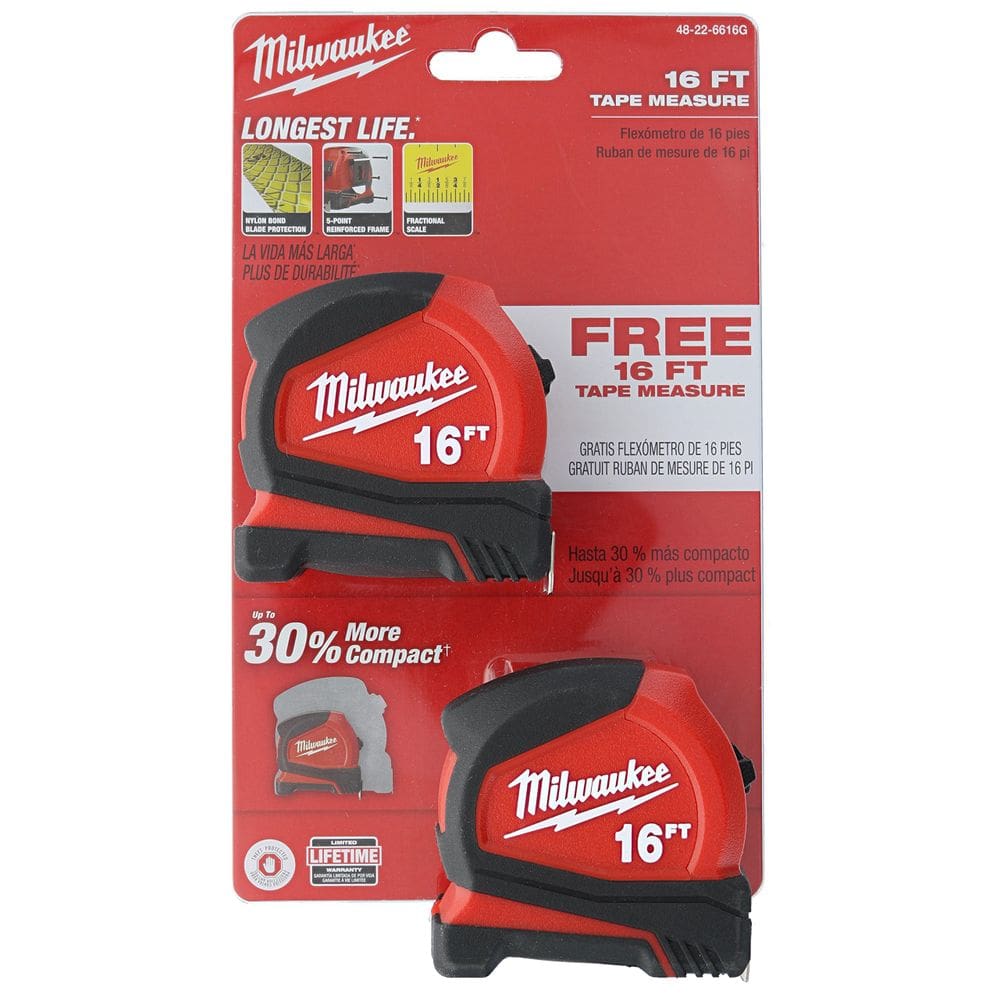 Fita métrica Milwaukee 48-22-6616G, pacote compacto de 5 m com gancho