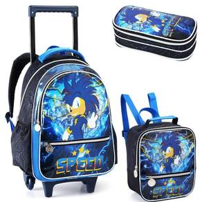 Kit Mochila Rodinha Estojo Lancheira Escolar Infantil Sonic