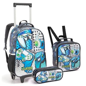 Kit Mochila Rodinhas Lancheira Estojo Infantil Gamer Player On Escolar Jogos Video Game Seanite